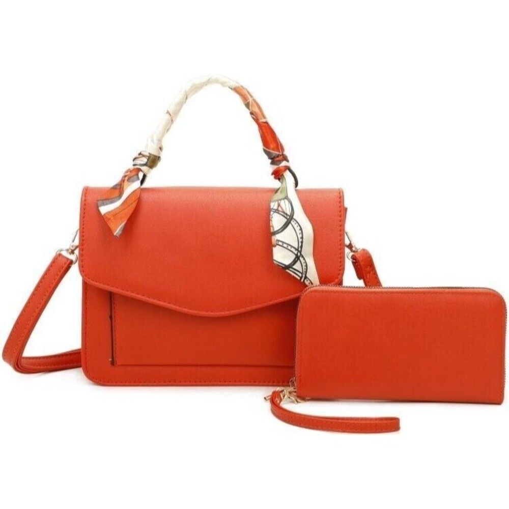 Orange Scarf  Satchel for Women Top Handle With Wallet Two Piece Set - Picture 2 of 2
